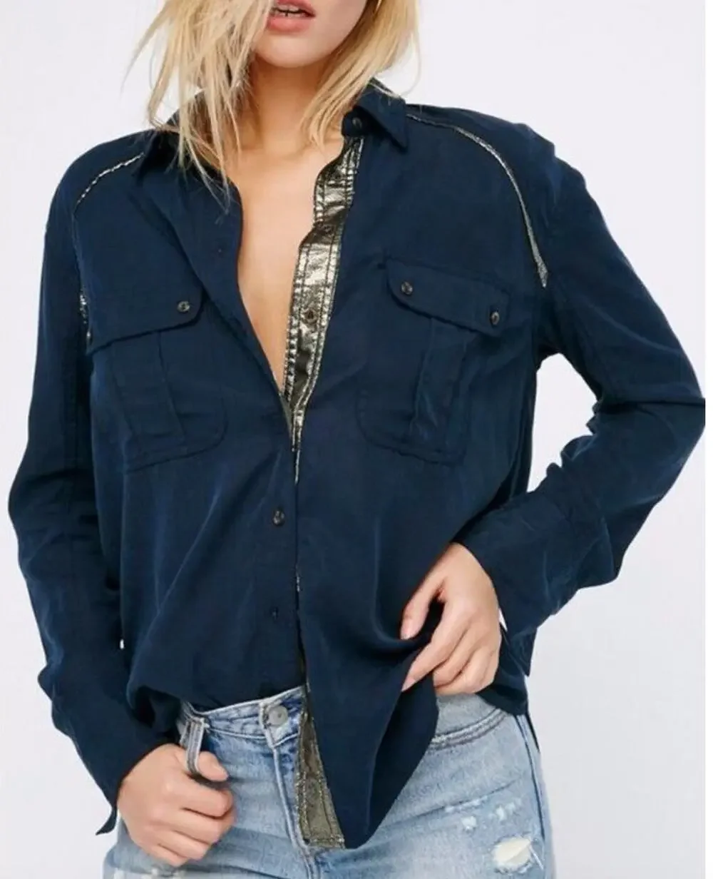 Free People Blue Off Campus Button-Down Long Sleeve Tencel Women's Shirt Size S